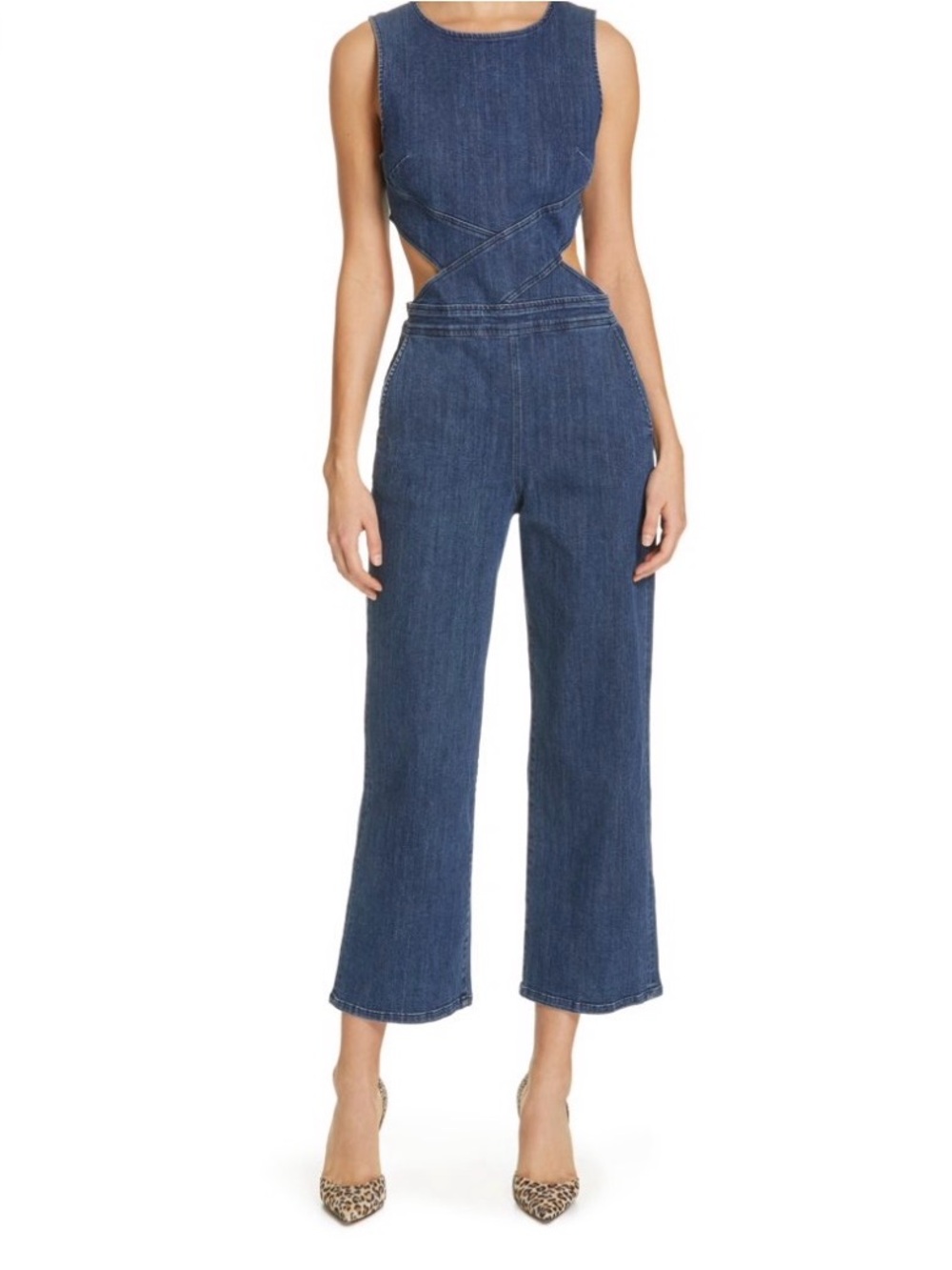 3x1 Medium Blue Denim Cutout Wide-Leg Jumpsuit